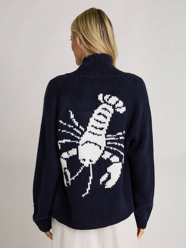 New Sweater Single-Breasted Long-Sleeved Lobster Print Knit Cardigan