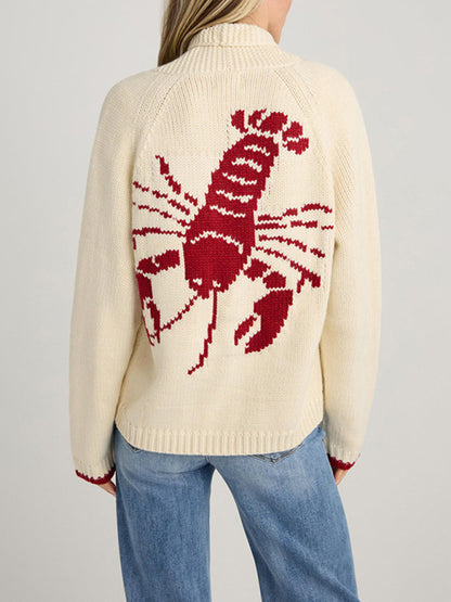 New Sweater Single-Breasted Long-Sleeved Lobster Print Knit Cardigan