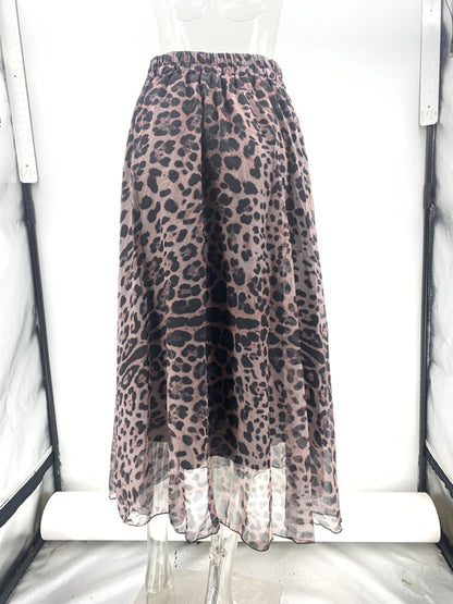 Leopard Print Elastic Waist Wide Swing Chiffon Skirt