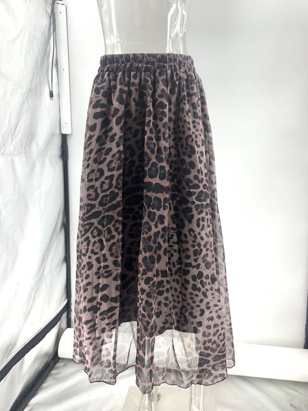 Leopard Print Elastic Waist Wide Swing Chiffon Skirt