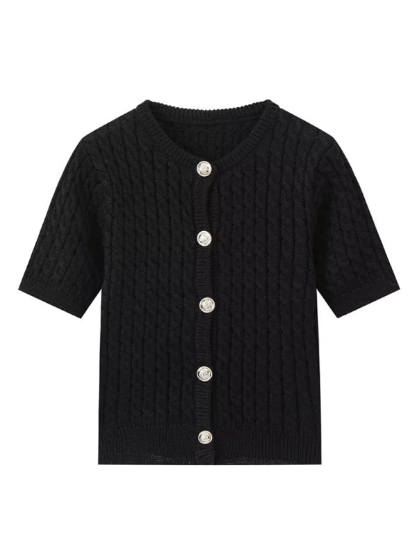 Slim round neck fashionable knitted short sleeve short cardigan