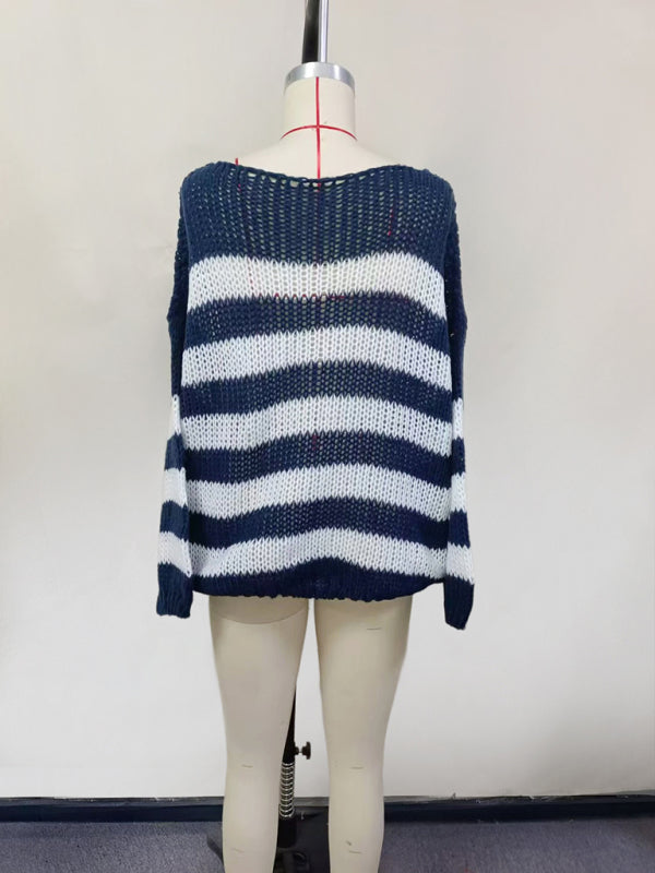 New round neck striped loose lazy versatile long-sleeved knitted sweater