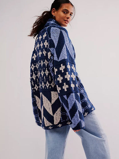 New arrival knitwear Y2K abstract print lapel loose long-sleeved knitted sweater