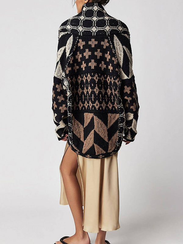 New arrival knitwear Y2K abstract print lapel loose long-sleeved knitted sweater