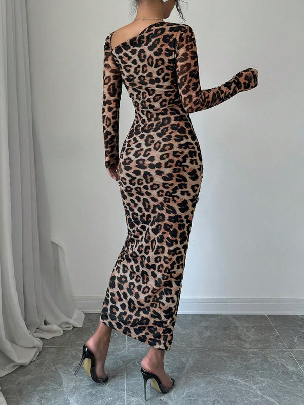 New Women's Round Neck Long Sleeve Sexy Leopard Print High Waist Hottie Dress