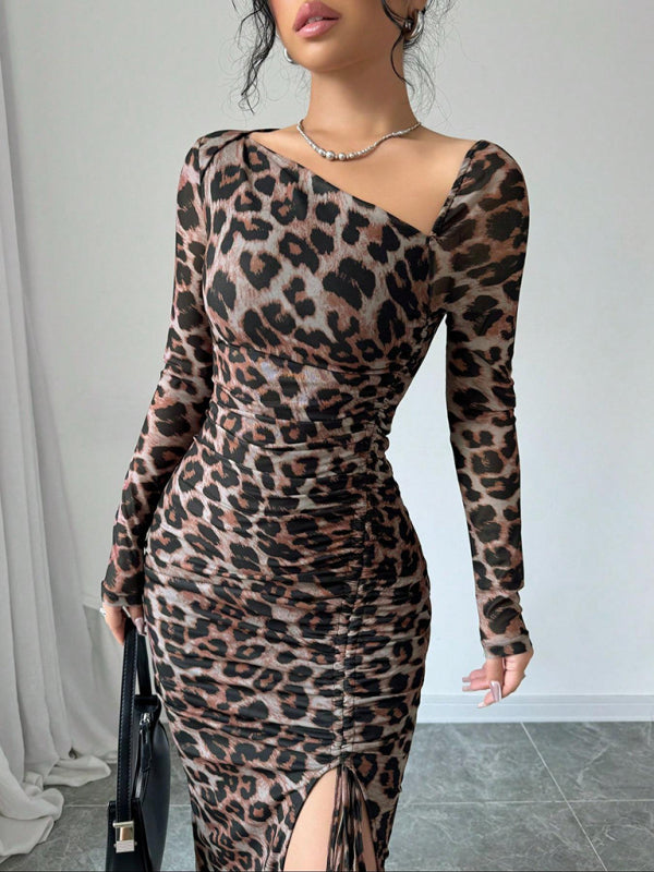 New Women's Round Neck Long Sleeve Sexy Leopard Print High Waist Hottie Dress