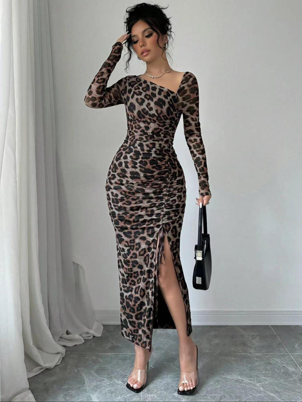 New Women's Round Neck Long Sleeve Sexy Leopard Print High Waist Hottie Dress