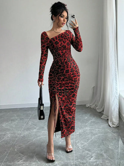 New Women's Round Neck Long Sleeve Sexy Leopard Print High Waist Hottie Dress