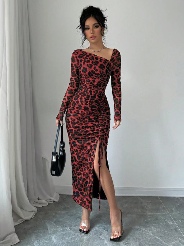 New Women's Round Neck Long Sleeve Sexy Leopard Print High Waist Hottie Dress