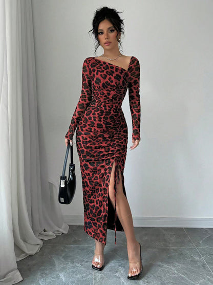 New Women's Round Neck Long Sleeve Sexy Leopard Print High Waist Hottie Dress