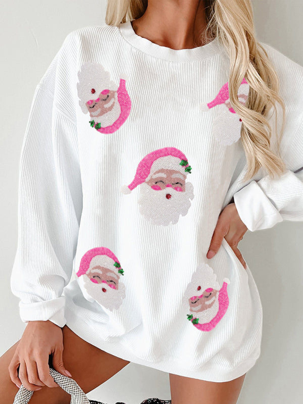 New Women's Santa Claus Sequin Embroidery Loose Casual Long Sleeve Sweater