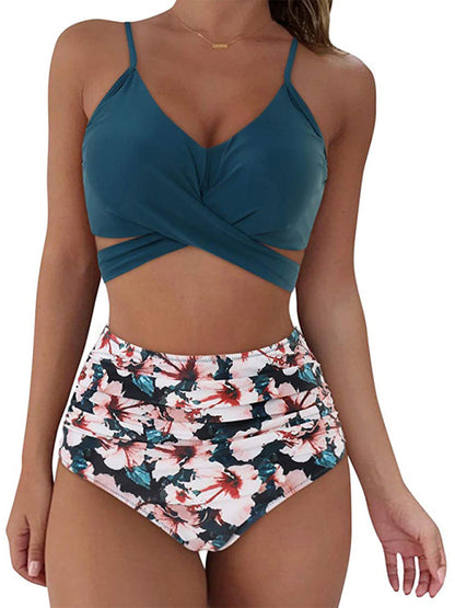 New Cross Strap High Waist Printed Two-Piece Women's Bikini Swimsuit