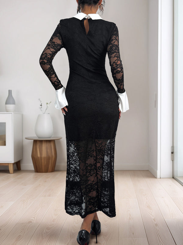 New lace stitching dress black and white contrast high-end elegant slim dress