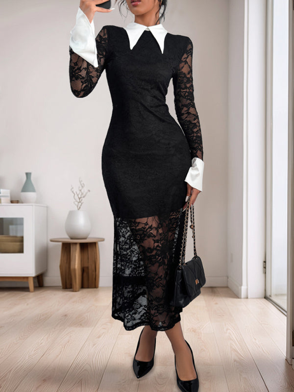 New lace stitching dress black and white contrast high-end elegant slim dress