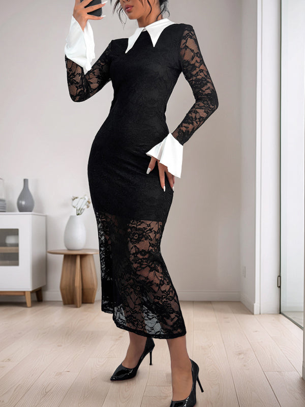 New lace stitching dress black and white contrast high-end elegant slim dress