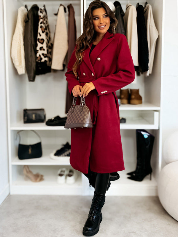 Winter simple and fashionable solid color double-breasted tie-strap woolen coat for women