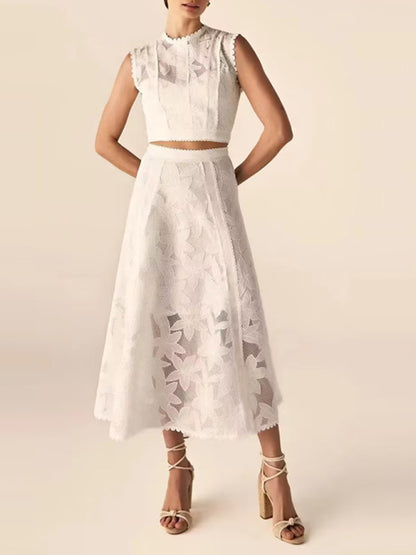 Women's Vacation Round Neck Sleeveless Top + High Waist Embroidered Skirt Set