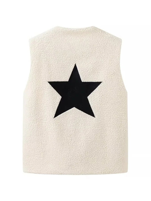 Star casual loose versatile lamb wool round neck vest