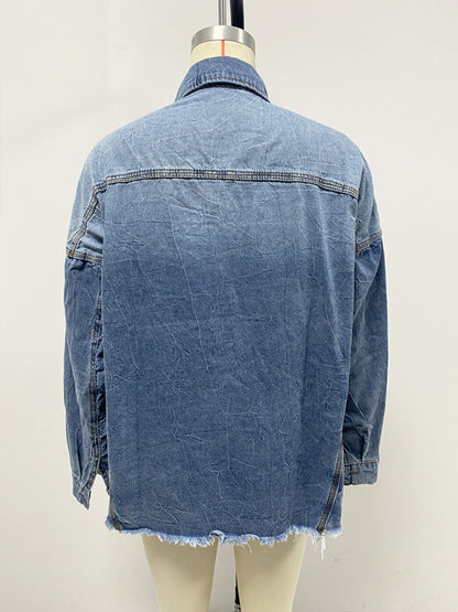 New Retro Loose Denim Shirt Drop Shoulder Blue Large Pocket Shirt