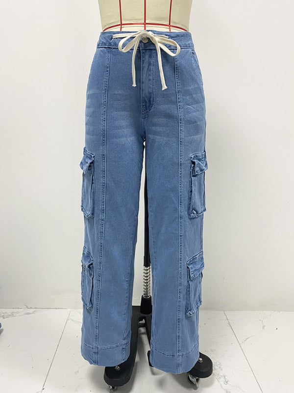 New Street Wash Overalls Multi-Pocket Wide-Leg Lace-Up Jeans