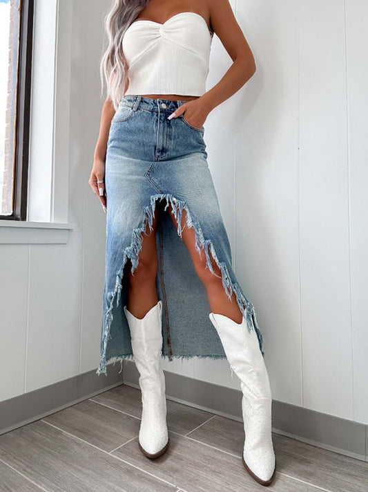 New high waist irregular raw edge denim skirt for women old washed skirt