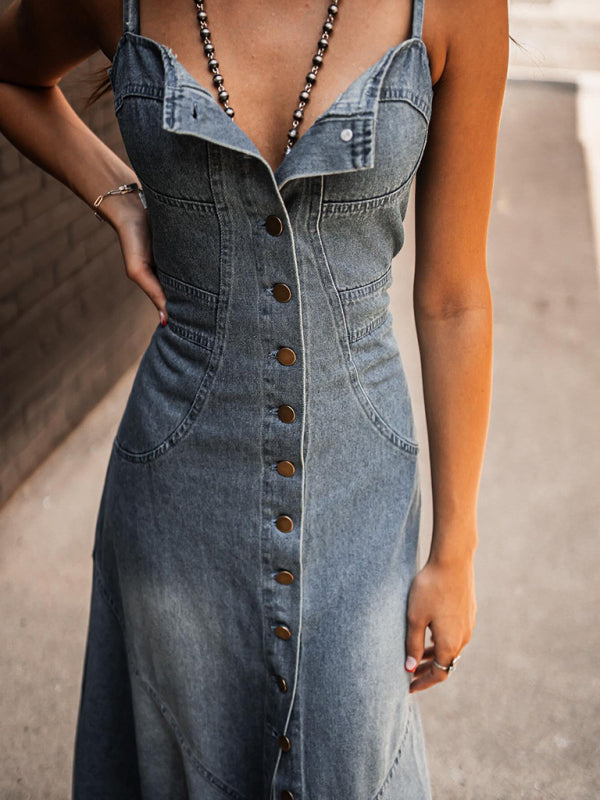 New retro cotton denim washed distressed suspenders slim fit buttoned long swing dress