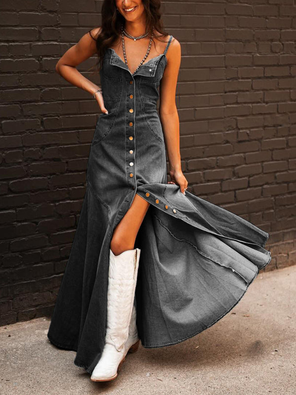 New retro cotton denim washed distressed suspenders slim fit buttoned long swing dress