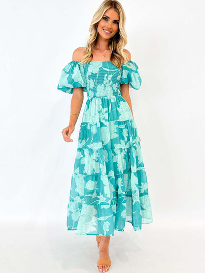 Women's One-shoulder Chiffon Puff Sleeve Layered Waist Printed Dress