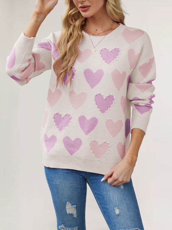 Valentine's Day Love Peach Pullover Round Neck Hand-beaded Craft Knitted Sweater