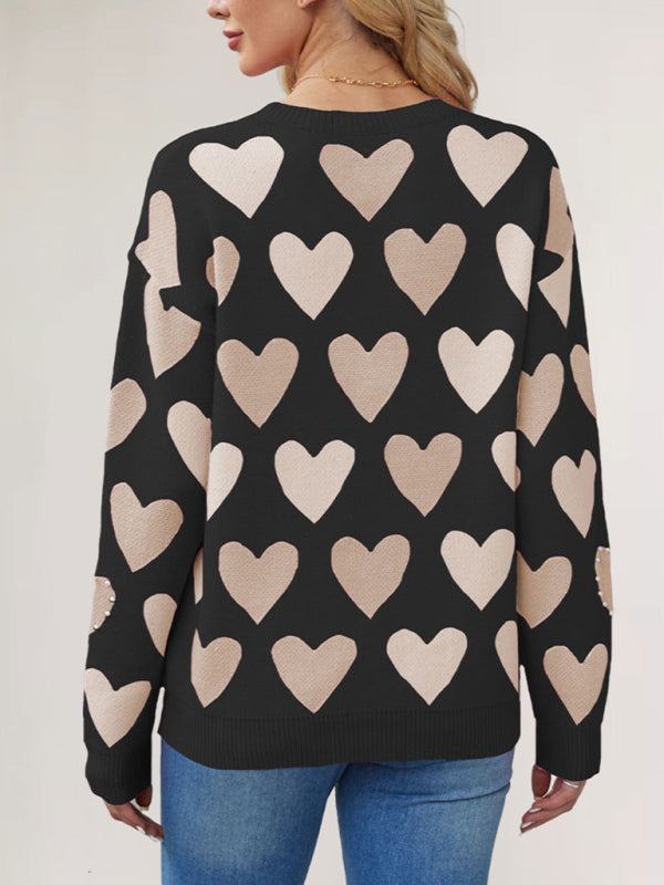 Valentine's Day Love Peach Pullover Round Neck Hand-beaded Craft Knitted Sweater