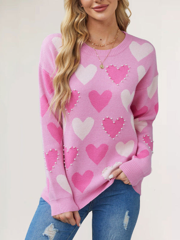 Valentine's Day Love Peach Pullover Round Neck Hand-beaded Craft Knitted Sweater