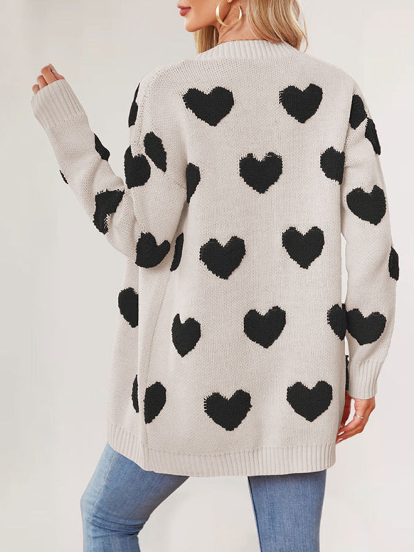 Valentine's Day Heart Knitted Midi Jacket V-Neck Button Cardigan