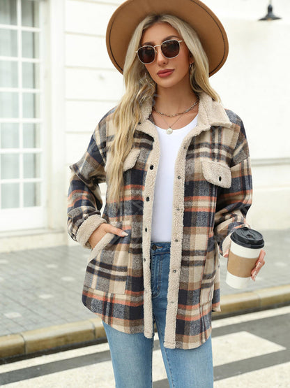 Casual autumn and winter coat contrast color plaid jacket casual lapel velvet coat