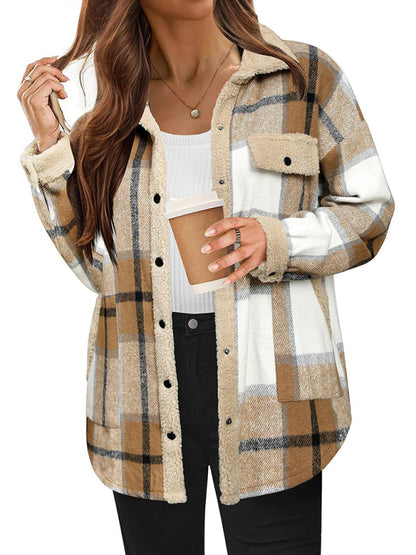 Casual autumn and winter coat contrast color plaid jacket casual lapel velvet coat