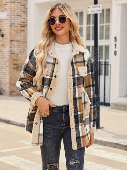 Casual autumn and winter coat contrast color plaid jacket casual lapel velvet coat