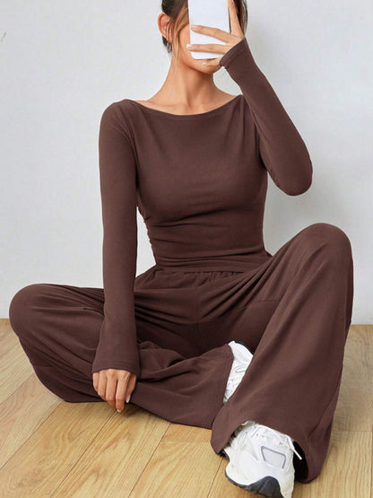 Women's solid color long-sleeved casual wide-leg trousers fashionable two-piece set