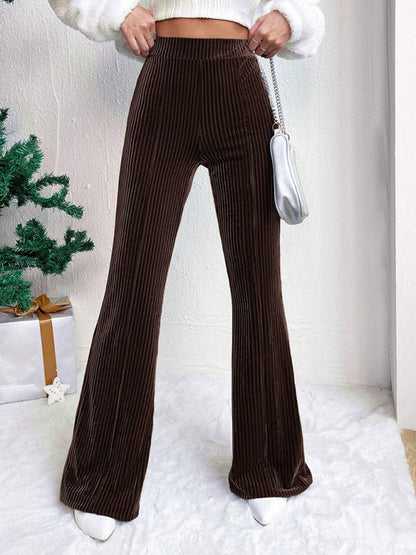 Women's high waist corduroy flared pants solid color casual wide leg long sweatpants