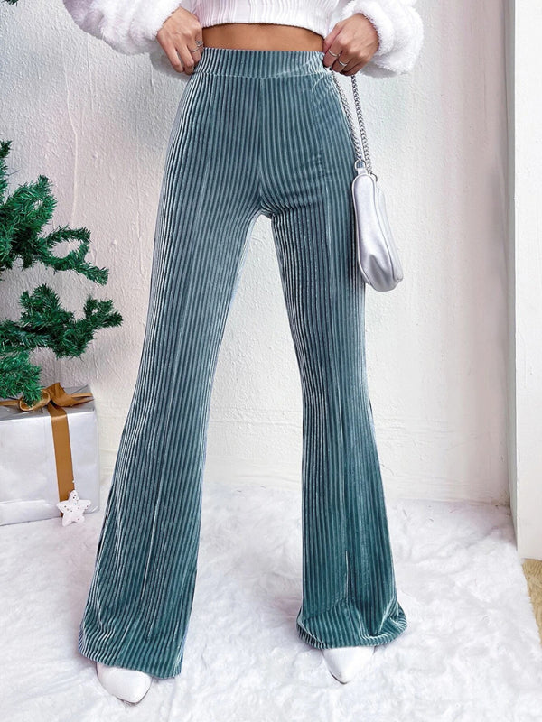 Women's high waist corduroy flared pants solid color casual wide leg long sweatpants