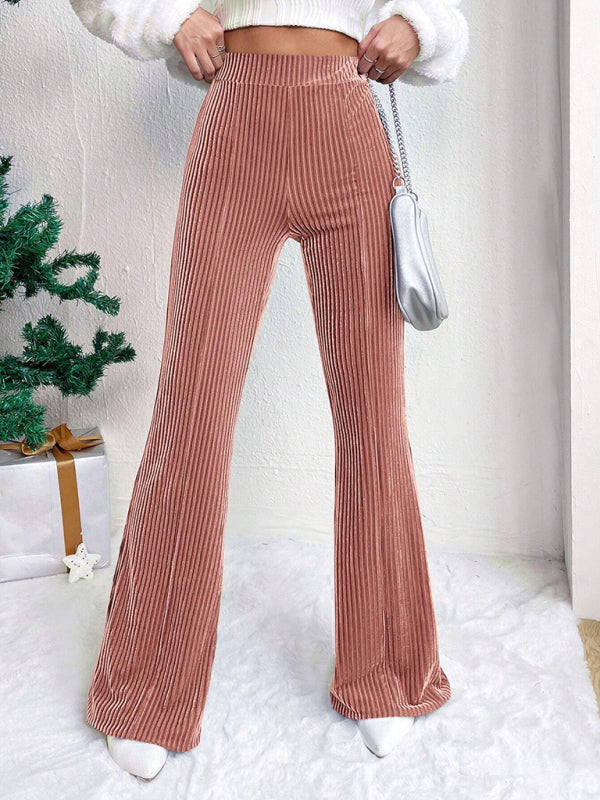 Women's high waist corduroy flared pants solid color casual wide leg long sweatpants