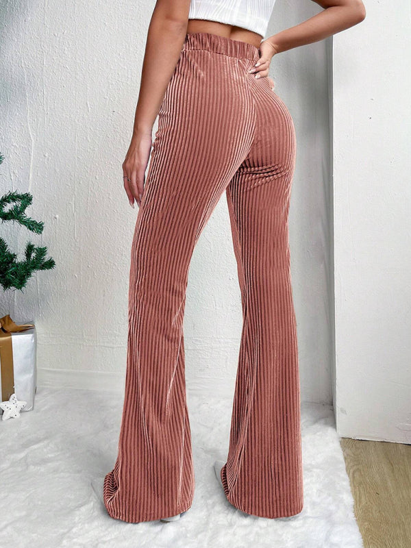 Women's high waist corduroy flared pants solid color casual wide leg long sweatpants