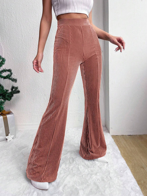 Women's high waist corduroy flared pants solid color casual wide leg long sweatpants