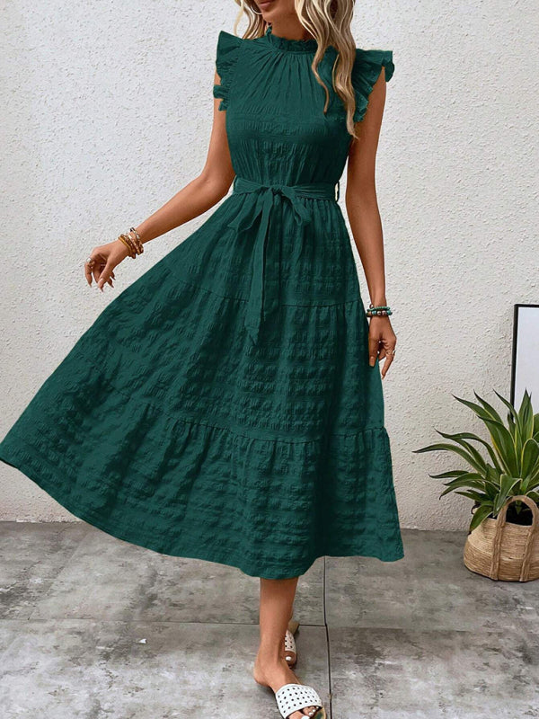 New Fashion Ruffled Flying Sleeve Lace-up Textured Dress