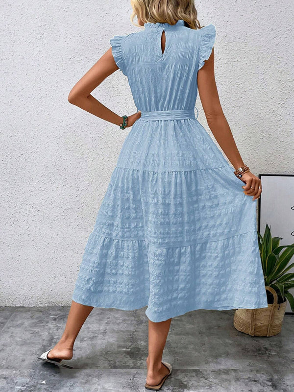 New Fashion Ruffled Flying Sleeve Lace-up Textured Dress