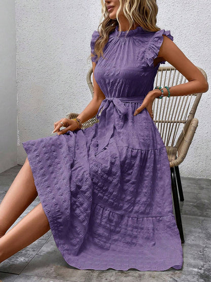 New Fashion Ruffled Flying Sleeve Lace-up Textured Dress