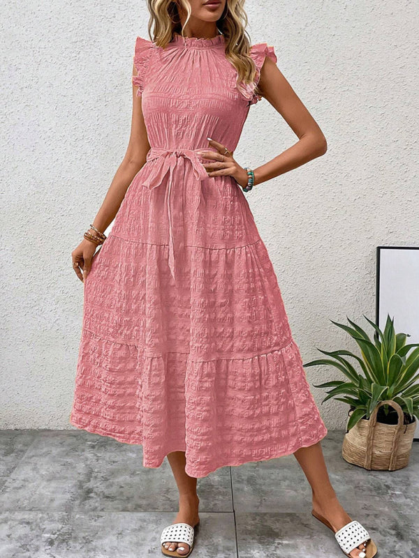 New Fashion Ruffled Flying Sleeve Lace-up Textured Dress