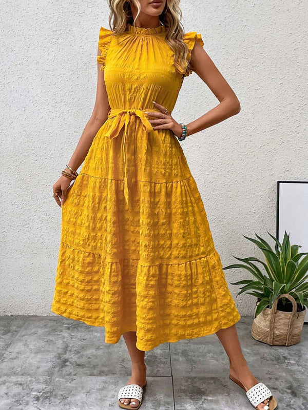 New Fashion Ruffled Flying Sleeve Lace-up Textured Dress