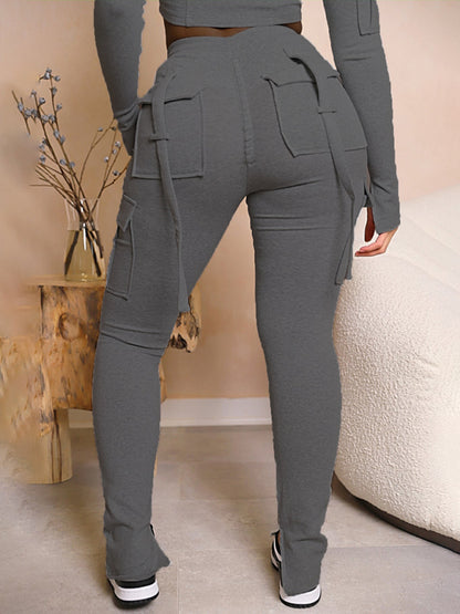 Women's Fashion Trend Workwear Pocket Drawstring Waist Slit Trousers Casual Pants