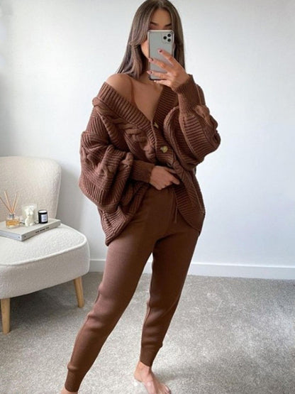 Women's Fashion V-neck Solid Color Suit Sweater + Knitted Pants