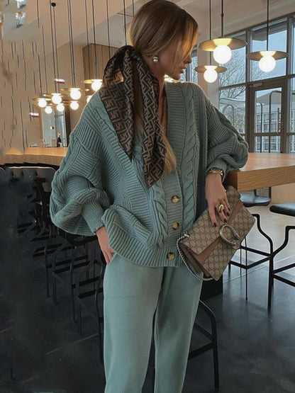 Women's Fashion V-neck Solid Color Suit Sweater + Knitted Pants