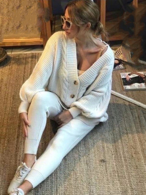 Women's Fashion V-neck Solid Color Suit Sweater + Knitted Pants